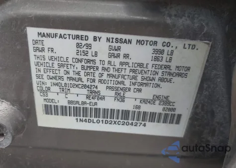 1999 Nissan Altima Gle/Gxe/Se/Se-L/Xe из США, поврежденный, VIN 1N4DL01D2XC204274